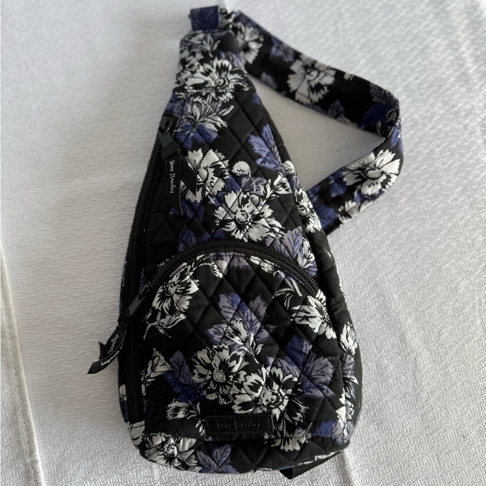 Vera Bradley Sling Backpack – Quilted Floral Crossbody Bag (Black & Blue)